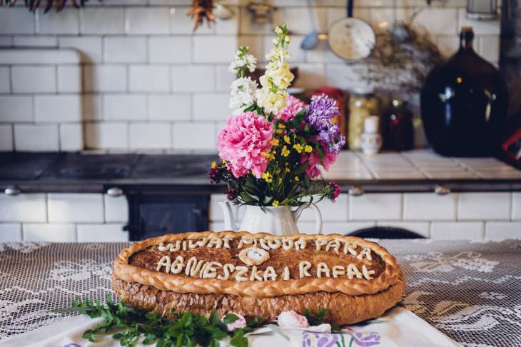welcome bride and groom bread and salt in old kitchen