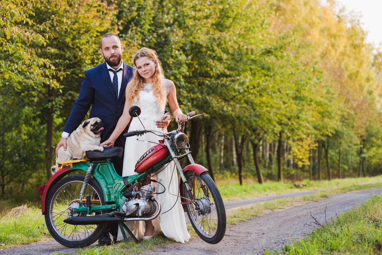 bride groom dog motorbike