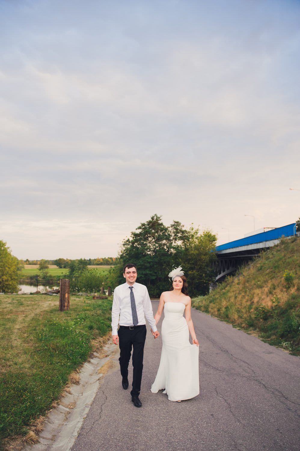 bride groom road sunset