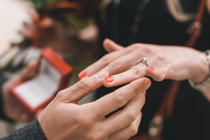 engagement ring on woman finger after agagement red box and red nails man touch her hand