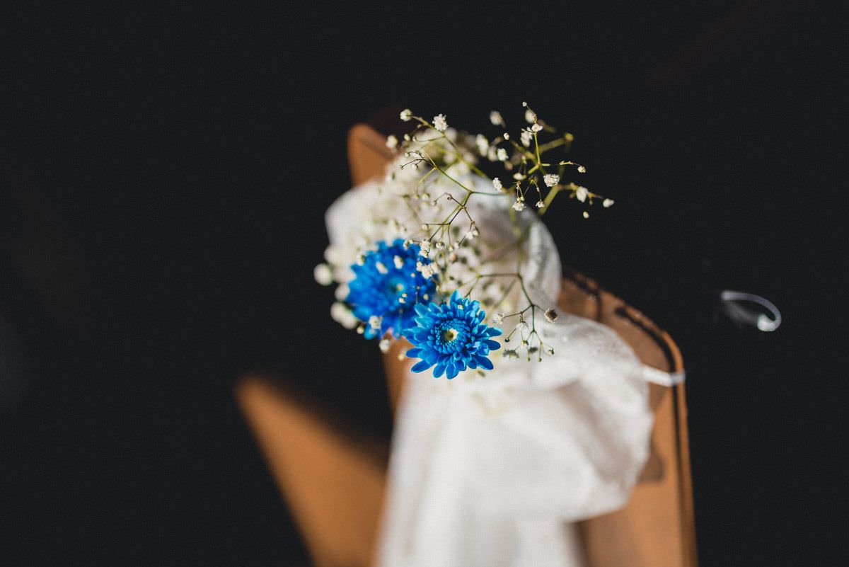 blue flowers in church