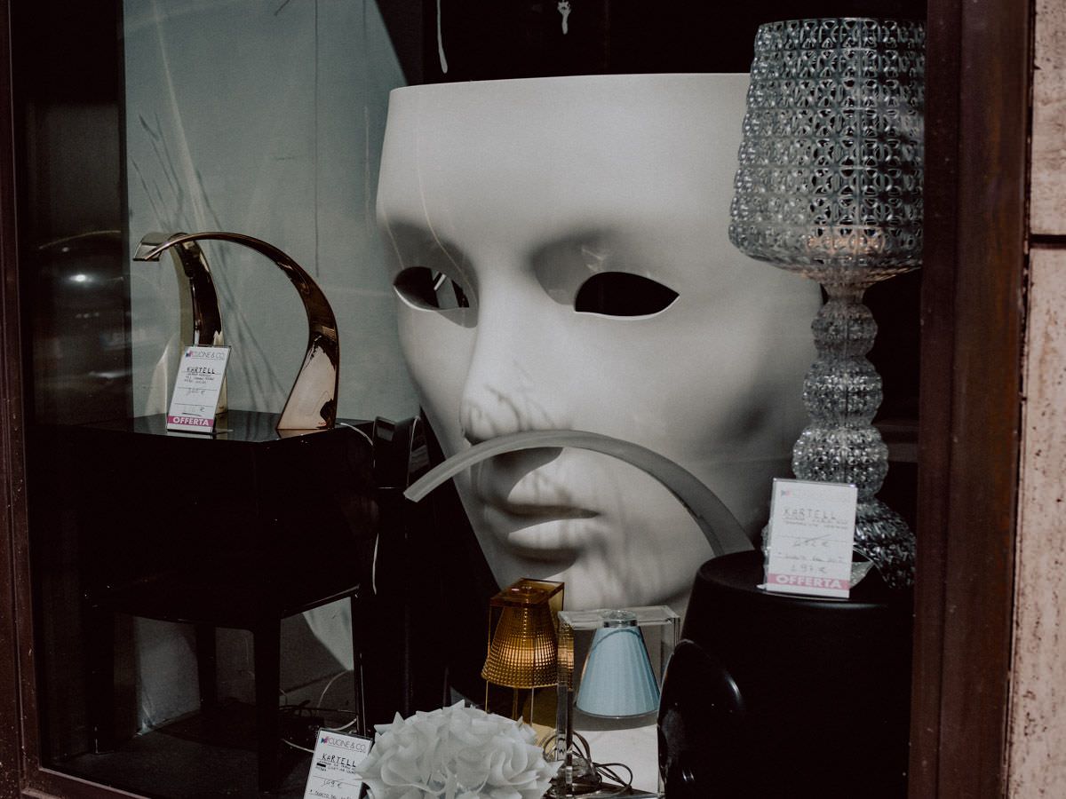 big white mask on the storefront